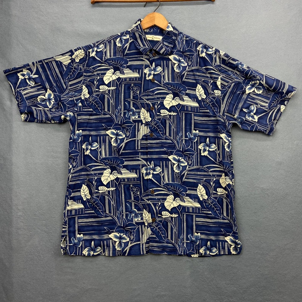 Tommy Bahama 100% Silk Hawaiian Shirt Men's Large Geometric Floral Blue